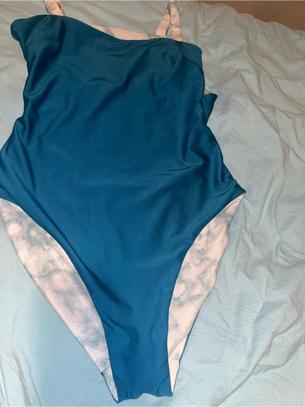 Teal Blue One-Piece Swimsuit with Light Print Trim